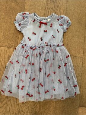 Nannette Blue Cherry Sequin Mesh Girls Toddler Dress 3T Puff Sleeve Round Neck